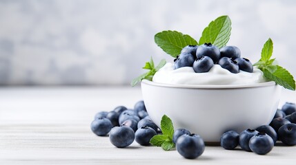 Yogurt with blueberries and mint in a bowl. Close-up view. Healthy eating, healthy snacks, diet, fitness, sports food
