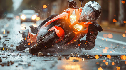 Motorcyclist riding a motorcycle on the road in the rain and crash accident.