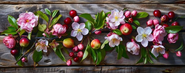 A springtime tableau featuring blossoming fruit flowers arranged atop a rustic wooden table,...