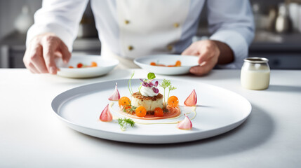 Obraz na płótnie Canvas Chef Presenting Gourmet Dessert on Plate