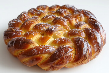 Golden-Brown Braided Easter Bread on White Background.