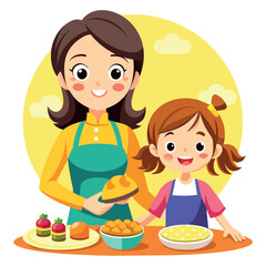 mother, daughter, family, kitchen, cook, food, cupcake, apron, hair, baking, oven, stove, table