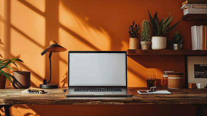 Fototapeta premium Serene home office environment bathed in warm sunlight with stylish decor.