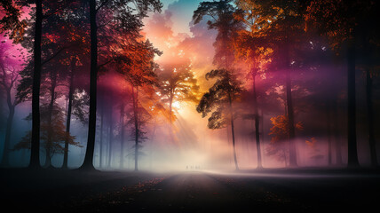 landscape in a fabulous forest, rainbow spectrum of colorful autumn trees in unusual neon lighting, fog background autumn fantasy - obrazy, fototapety, plakaty