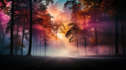 Store enrouleur occultant Forêt des fées landscape in a fabulous forest, rainbow spectrum of colorful autumn trees in unusual neon lighting, fog background autumn fantasy