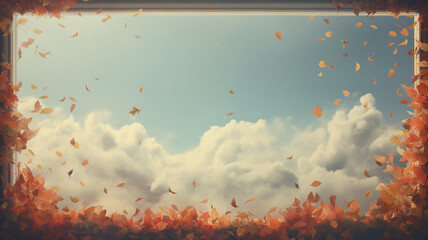 autumn frame of dry falling yellow leaves against a blue sky with white clouds, an empty blank with a copy space