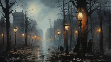 Fotobehang generated art landscape with street lights in the night autumn fog, fabulous picture silence mystery mist © kichigin19