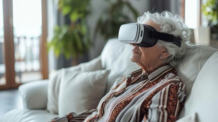 Elderly woman in virtual reality glasses at home. New technologies and old aged people