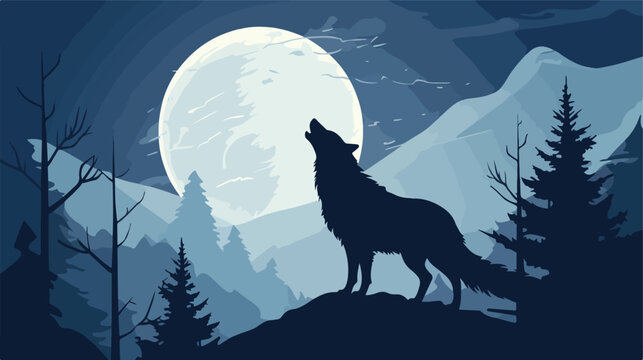 A lone wolf howling at the full moon its silhouette