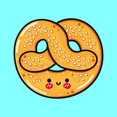 Cute funny French pretzel. Vector hand drawn cartoon kawaii character illustration icon. Isolated on blue background. French pretzel character concept