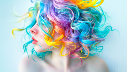 Young woman with rainbow coloured curly wig, head turned to one side.