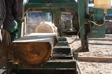 Work at a sawmill, process of cutting wood logs - 756397638