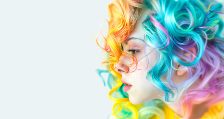 Trendy looking girl with a rainbow coloured curly wig, copy space.