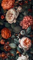 A vintage-styled floral arrangement set against a dark backdrop, creating a baroque-inspired natural pattern that serves as a lavish floral wallpaper or a greeting card.
