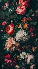 A vintage-styled floral arrangement set against a dark backdrop, creating a baroque-inspired natural pattern that serves as a lavish floral wallpaper or a greeting card.