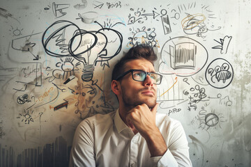 Portrait of a man in glasses in front of a whiteboard wall covered with sketches. A slide background for showcasing the brainstorming process. Created with Generative AI technology.