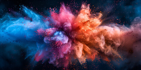 Colorful rainbow paint blue aqua red yellow pink and violet dust or powder black background