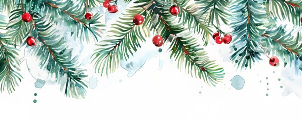 Naklejka na ściany i meble A watercolor vector Christmas banner adorned with lush fir branches, providing a festive and welcoming space for text, encapsulating the spirit and beauty of the holiday season.