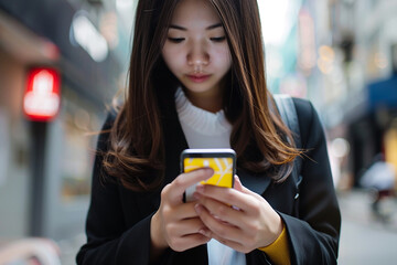 asian female executive looking at a mobile phone while strolling through the city
