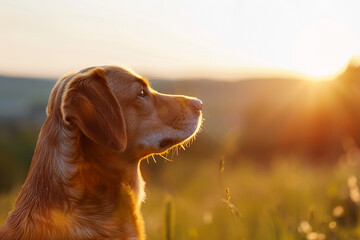 Eco-Friendly Landscape: Tranquil Dog Silhouette with Lush Fields and Pristine Mountain