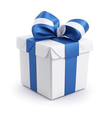 Present Gift Box with Blue Bow isolated on white background. Realistic Photo Clipart for Holiday, anniversary or Illustration of Bonus.