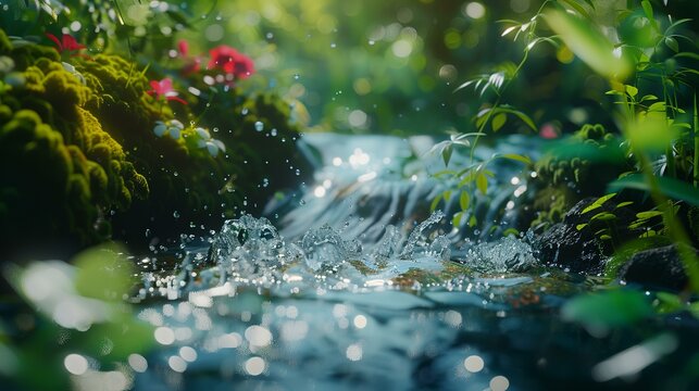 Water flowing from the fountain in the garden at sunset. Selective focus.