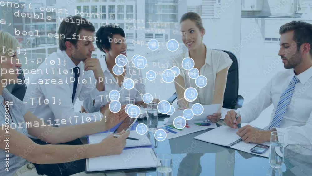 Poster animation of data processing and icons over diverse business people discussing work in office