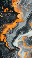 Abstract Marble Waves Acrylic Background. Gray Orange Marbling Texture. Agate Ripple Pattern.