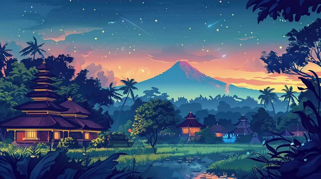 Scenic Balinese village nestled amidst mountains in the tranquil evening glow Seamless looping 4k time-lapse virtual video animation background. Generated AI