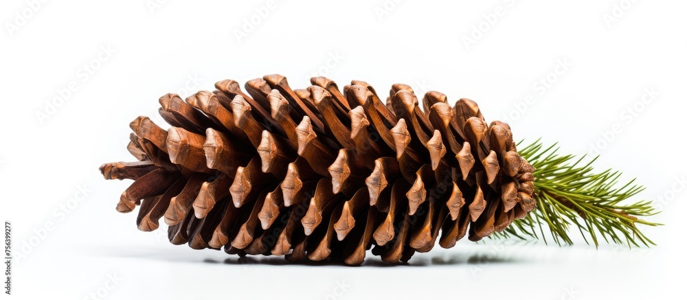 Poster A shortstraw pine cone with a green branch on a white background. This natural material comes from a conifer tree and adds a touch of nature to any event