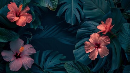 Obraz na płótnie Canvas An abstract backdrop adorned with intertwining vines and vibrant tropical flowers, providing ample space for text. Ideal for a banner.