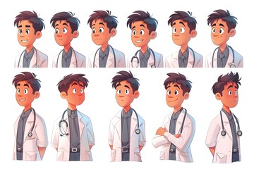 Asian Male Doctor Emoji Stickers with Various Emotions, To provide a versatile and engaging set of doctor emoji stickers for digital communication, - obrazy, fototapety, plakaty