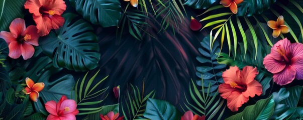 An abstract backdrop adorned with intertwining vines and vibrant tropical flowers, providing ample space for text. Ideal for a banner.