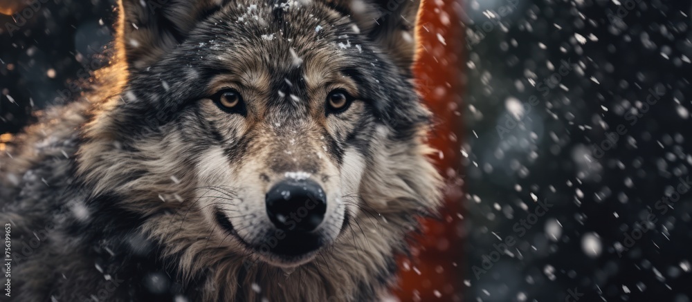 Wall mural close up wolf with snowfall background