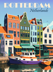 Rotterdam, Netherlands Travel Destination Poster in retro style. Vintage colorful print with old traditional building, sail boats. European summer vacation, holidays concept. Vector art illustration. - obrazy, fototapety, plakaty