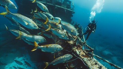 Diver Surrounded by Yellowtail Fish at Shipwreck, To showcase the beauty and mystery of the underwater world, and the adventure of exploring