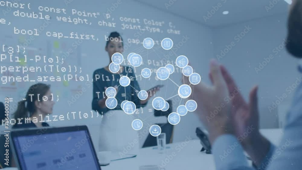 Poster animation of data processing and icons over diverse business people discussing work in office