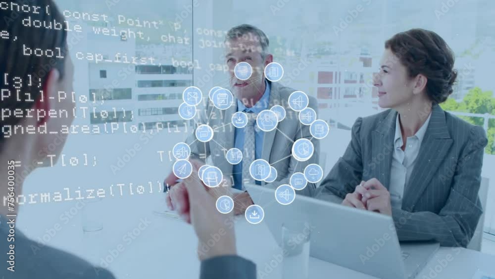 Poster animation of data processing and icons over diverse business people discussing work in office