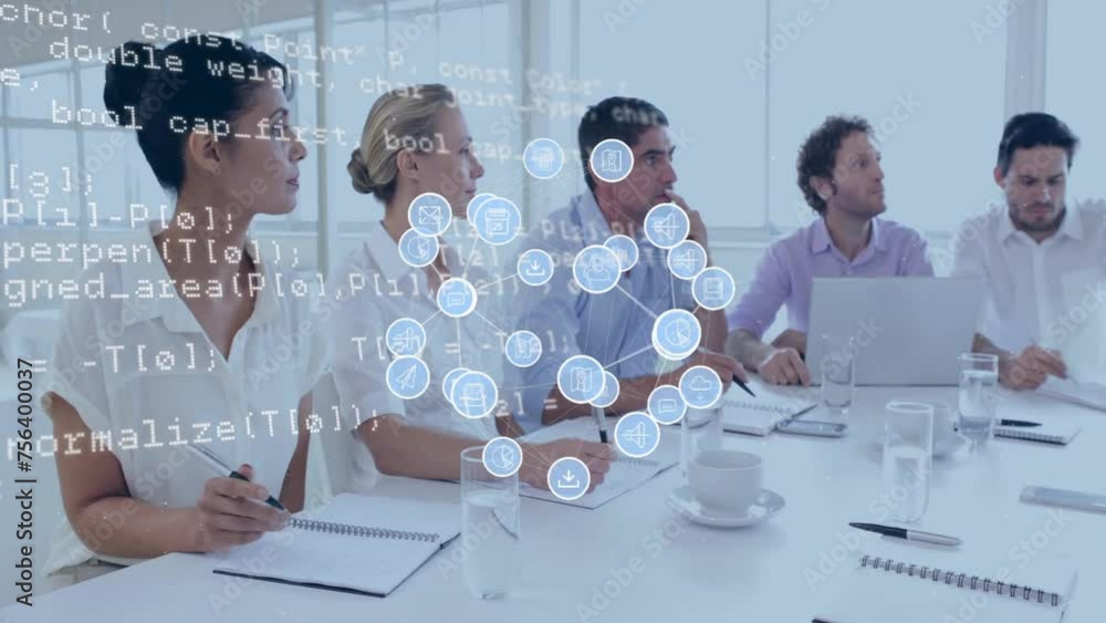 Poster animation of data processing and icons over diverse business people discussing work in office