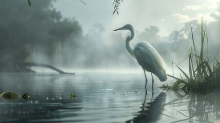 A white bird stands in the water, looking out over the lake - obrazy, fototapety, plakaty