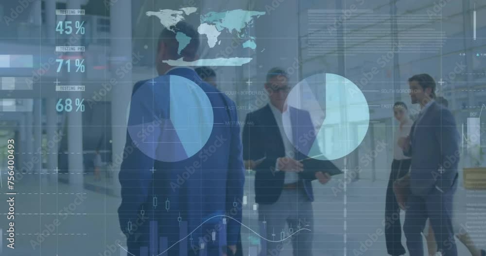 Poster Animation of data processing and diagrams over diverse business people walking