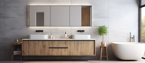 A bathroom with cabinetry, countertop, two sinks, a tub, mirror, tap, and wood floor. The wood stain adds warmth to the building