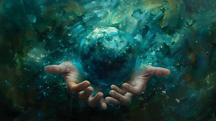 Hands Cradling a Swirling Orb of Enchantment in a Teal and Emerald Realm, Oil Painting Fantasy Art
