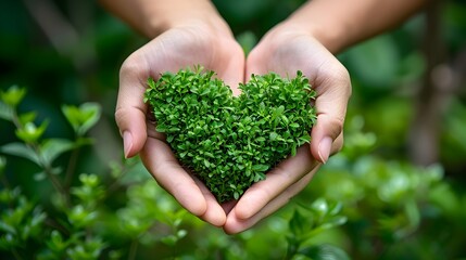 Naklejka na ściany i meble Hands Holding Green Heart-Shaped Plants for Environmental Sustainability, To promote environmental sustainability and love for nature through the use