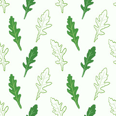 Seamless pattern line arugula. Vector painted. Illustration superfood on white background. Sketch leaves in cartoon flat style green outline. Green color.