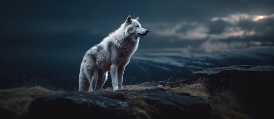 Fototapeta premium white wolf howl on a rock at night in forest background