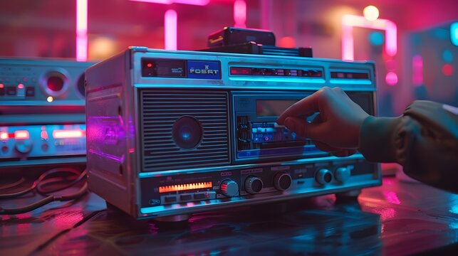 Hand Interacting with Retro Radio and Boombox in Studio, To convey a sense of nostalgia and modernity, this image is perfect for technology, music,