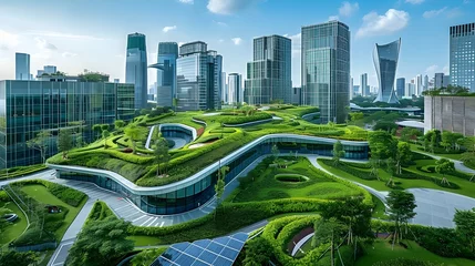 Foto op Plexiglas Innovative Sustainable Urban Landscape Green Roofs, Solar Panels and Eco-friendly Architecture © kiatipol