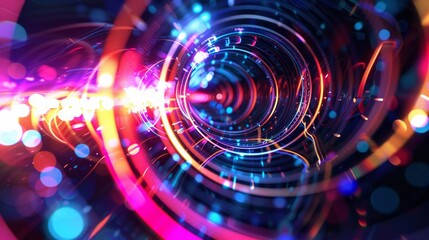 A colorful, glowing tunnel with a bright blue light at the end. The tunnel is filled with bright colors and has a futuristic feel to it