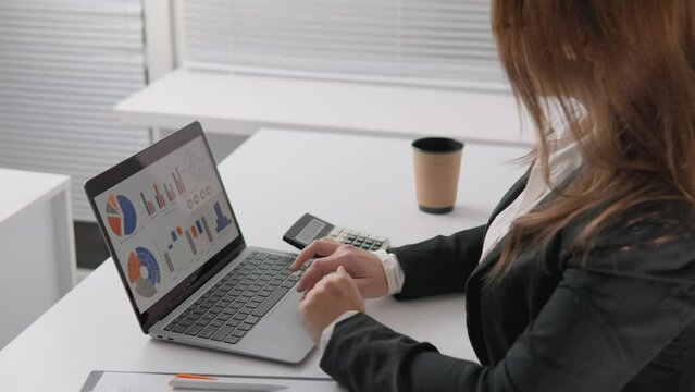 Accountant woman working on data calculation. Bank employee analyzes numbers and indicators. Analyst evaluates and examines performance, sales, and business performance. Economic charts and forecasts